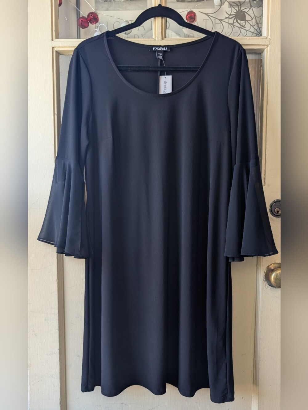 Roz & Ali Sz L Petite Solid Black Shift Dress Bell Ruffle Sleeves Gothic Summer